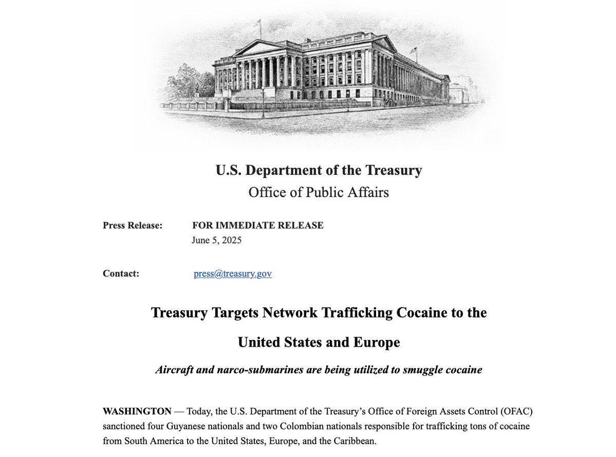 US sanctions 4 Guyanese and 2 Colombian nationals responsible for trafficking tons of cocaine from South America to the U.S, Europe, and the  Caribbean, per @USTreasury